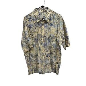 Rum Reggae Men Hawaiian Aztec Blue Yellow Button  Up Short Sleeve Shirt XXL